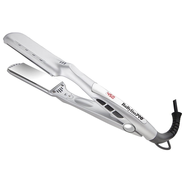 BaByliss PRO Caiman 1-3/8" Professional Titanium Flat Iron with silver titanium plates and matte silver body, digital temperature display set to 450°F, ergonomic handle, power and temperature buttons, advanced ceramic heater, and 8.2 ft 360° swivel black power cord, suitable for smooth hair straightening and curling.