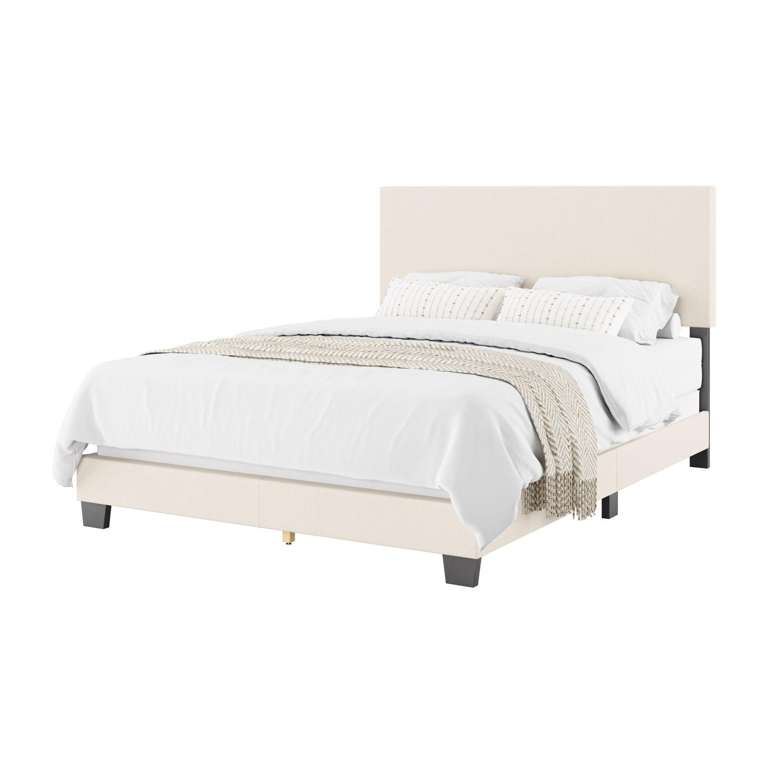 Lit adulte capitonné CorLiving Celeste en tissu bouclé blanc cassé avec tête de lit, sommier requis