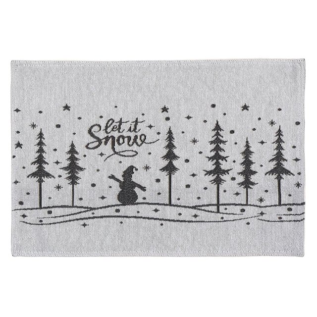 Tapisserie Napperon Let It Snow 13 X 18 - Ensemble de 12 Présentant un Napperon Rectangulaire en Tissu Tissé avec une Scène Hivernale Noire sur un Fond Clair, Représentant des Pins, un Bonhomme de Neige Portant un Chapeau, des Flocons de Neige Tombants, et la phrase Scriptée « Let It Snow », Idéal pour la protection de la table à Manger et la Déco Saisonnière des Fêtes.