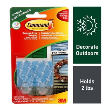 Command Outdoor Clear Window Hooks, Medium, 2 Wall Hooks, 4 Strips/Pack
