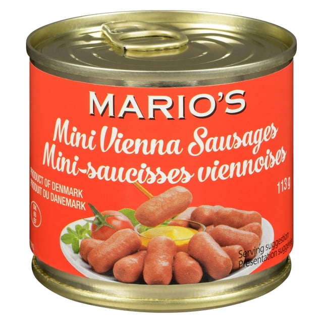 MARIO'S Mini Saucisses de Vienne 113 g en Conserve avec Étiquette Rouge Indiquant des Mini Saucisses de Porc Cuites sur une Assiette Blanche avec sauce de Trempette Jaune et Tomates Cerises, Viande en Conserve Stable à Température Ambiante et Prête à Manger, Convient pour des Collations Rapides Ou pour Ajouter des Protéines aux Repas.