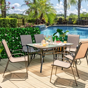 Costway Ensemble de Salle à Manger de Patio 7 Pcs 6 Chaises Empilables Table en Verre Trou pour Parasol Cour