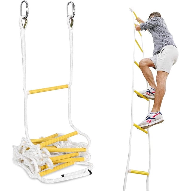 ISOP rope ladder fire escape use, shown in a coiled and deployed state. The 13 ft retractable safety rope ladder features durable white ropes with yellow resin rungs and heavy-duty carabiners for secure attachment. A man is climbing the ladder, demonstrating its use for emergency exits or multi-functional purposes like treehouses or playsets. Lightweight, compact, and capable of supporting up to 2000 lbs, this ladder is suitable for kids and adults.