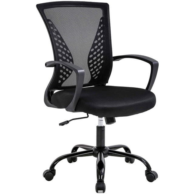 FDW BestOffice Mid Back Mesh Executive Chair in black with armrests and lumbar support. This swivel chair features a breathable mesh backrest, high-density sponge cushion seat, and a sturdy five-point base with caster wheels. The chair is adjustable in height and includes a swivel function for flexibility. Suitable for home offices, bedrooms, or living rooms.