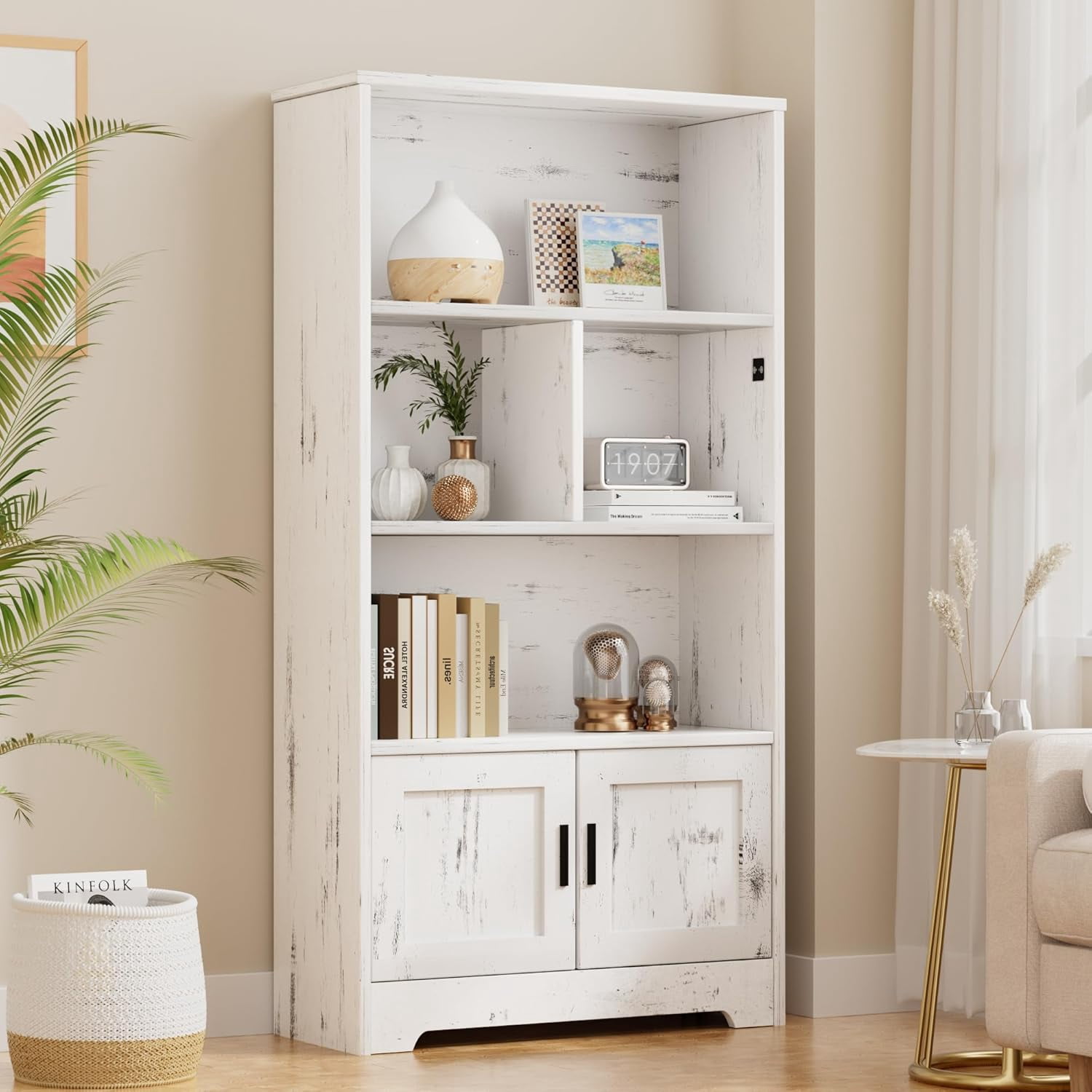 Ourlova Modern Bookcase with Doors White Bookshelf with LED Lights 3 Shelf Standing Bookshelves Large Display Shelf Unique Book Shelf for Bedroom/Living Room/Home/Office