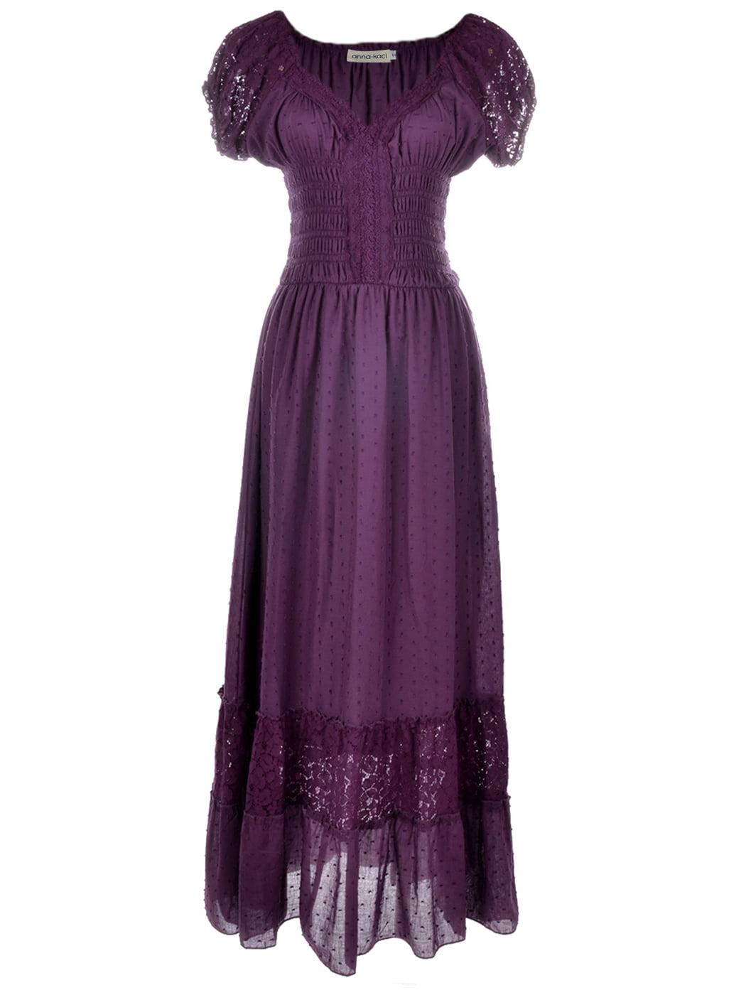 Robe Maxi pour Femme de Style Renaissance Paysanne, Style Bohème, Manches Cap, Garniture en Dentelle, Violet, Grand