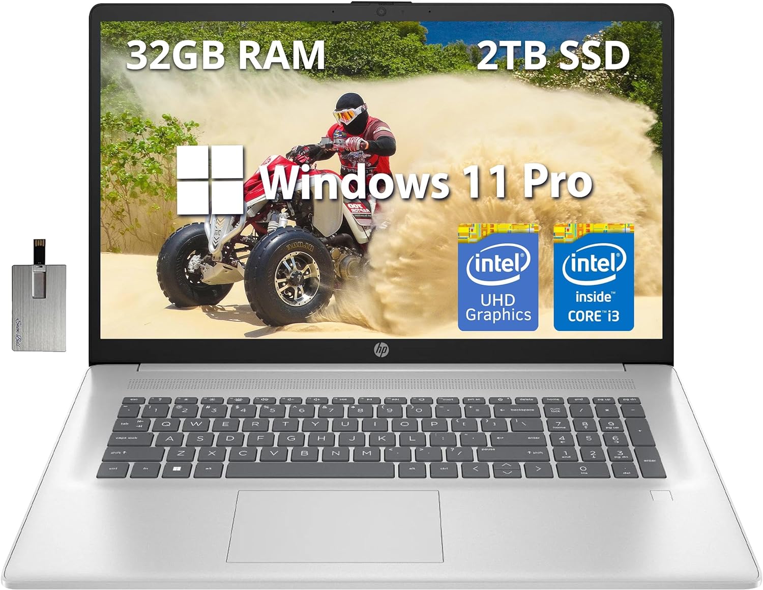 HP Ordinateur Portable Professionnel 17,3 Pouces IPS FHD, Processeur Intel Core i3-N305, 32 Go RAM, 2 To SSD, Intel UHD Graphics, Lecteur d'Empreintes Digitales, Caméra HD, Wi-Fi 6, Windows 11 Pro, Argent Naturel, Carte USB 32 Go Hotface