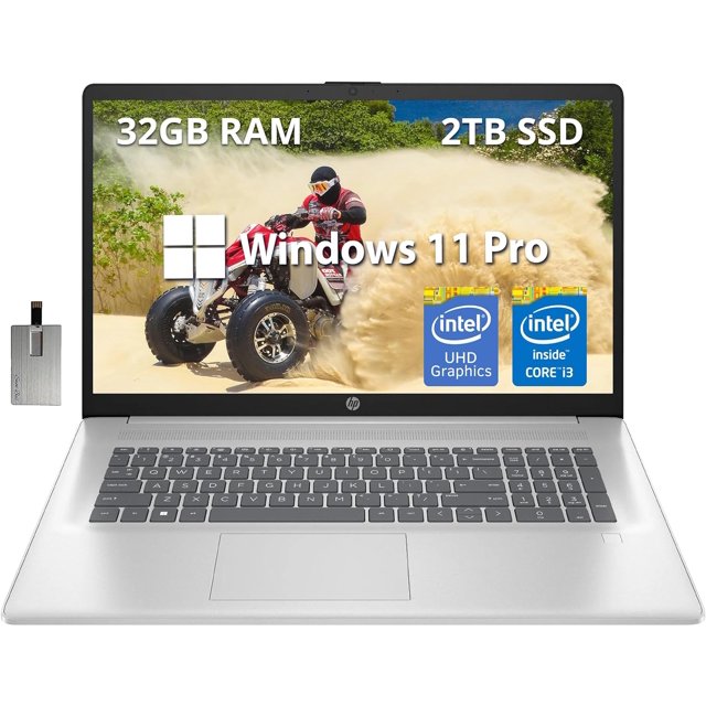 HP Ordinateur Portable Professionnel 17,3 Pouces IPS FHD, Processeur Intel Core i3-N305, 32 Go RAM, 2 To SSD, Intel UHD Graphics, Lecteur d'Empreintes Digitales, Caméra HD, Wi-Fi 6, Windows 11 Pro, Argent Naturel, Carte USB 32 Go Hotface