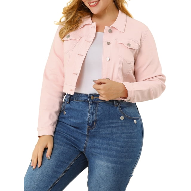 GRACE & GRANDEUR Women's Plus Jean Jackets Button Down Denim Bomber Jacket