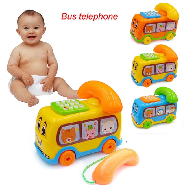 Meitianfacai 2017 Baby Toys Music Bus Phone Educational Developmental Kids Toy Gift, a colorful plastic bus-shaped infant activity toy with animal illustrations, interactive buttons, and a detachable orange phone receiver. Plays music and mimics phone sounds, ideal for ages 7-12 months. Dimensions: 13x8x9cm.