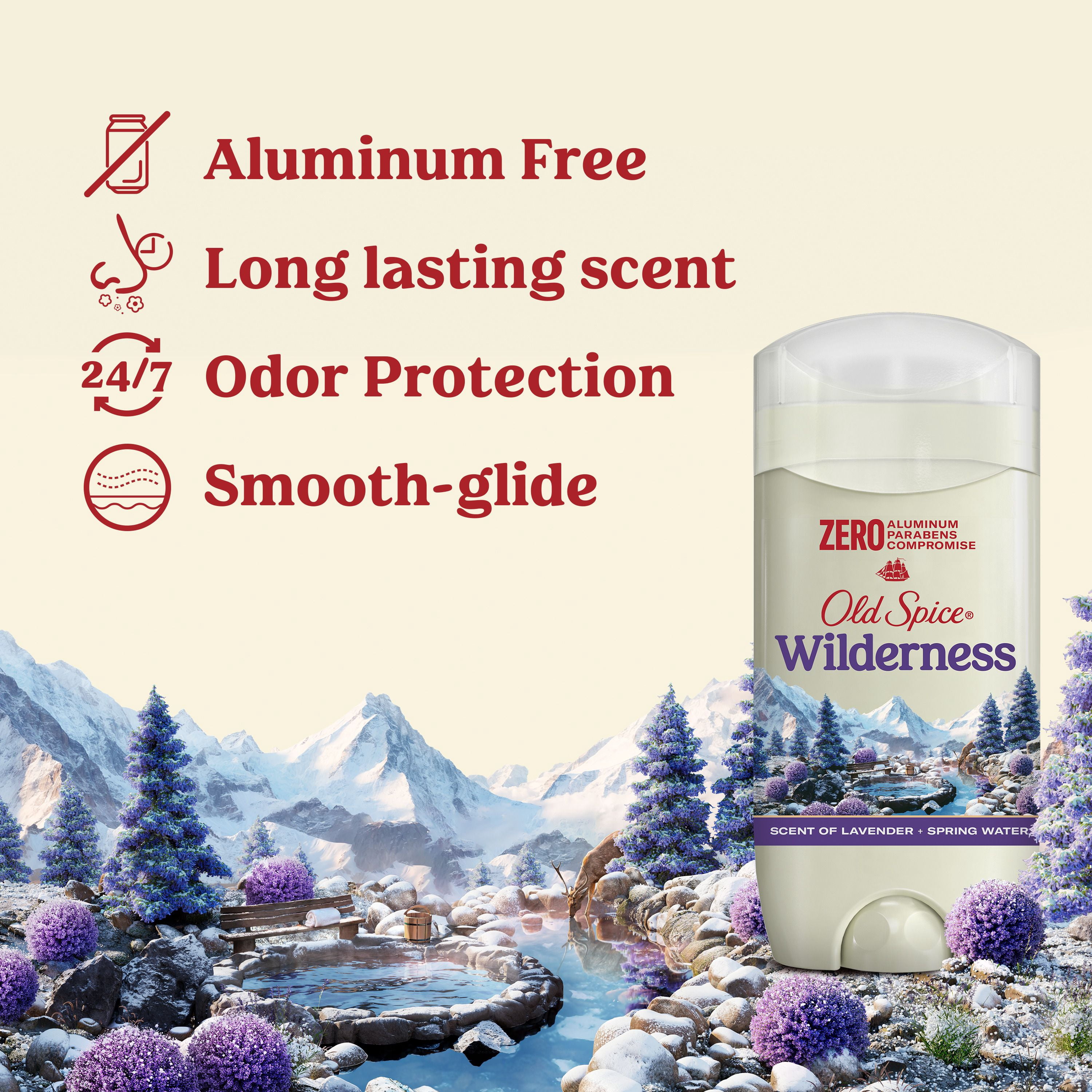 Désodorisant Old Spice pour hommes au parfum Wilderness, fraîcheur longue durée 24 heures sur 24, 7 jours sur 7, sans aluminium