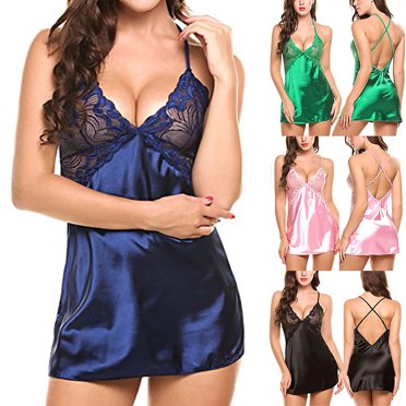 CFLVAEK Lingerie Nuisettes pour Femmes Élégantes en Dentelle à Col en V Tenue de Nuit Chemise en Modal Babydoll Robe Nuisette à Col en V Douce Courte TG