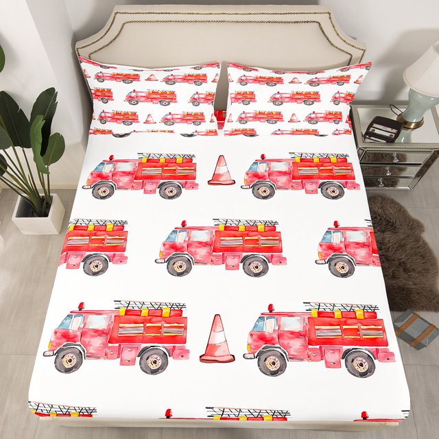 Erosebridal Cartoon Car Fitted Sheet Full, Fire Fighter Bedding Set Full Size, Fireman Car Decor 3pcs