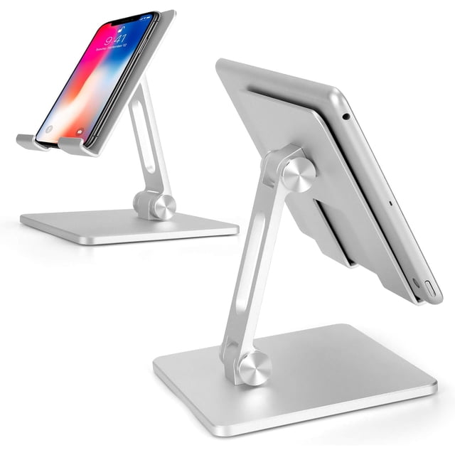 Ergonomic Tablet Stand and holder with heavy-duty silver metal base, designed for devices 4 to 15.6 inches. Features foldable design, 360-degree rotation, adjustable height, and non-slip rubber protection for stability and scratch prevention.