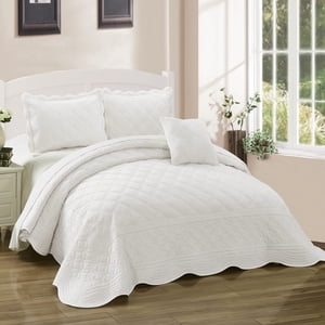 Home Soft Things Super Soft Microplush 4 Piece Bedspread Set Oversize Queen 110" x 120", Antique White Diamond Plaid Scallop Edged Warm Cozy Plush Quilt Comforter Bedding Set with 2 Shams 1 Pillow