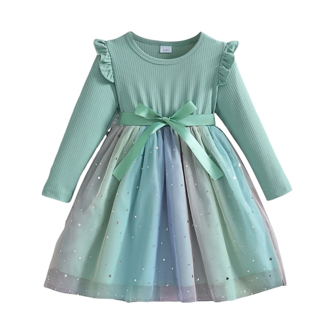 WUANDIXFA Robes de Rentrée pour Filles Robe Tutu pour Enfants Robe de Fête à Manches Longues en Chiffon pour Petite Fille Automne et Printemps Vert, 5-6 Ans