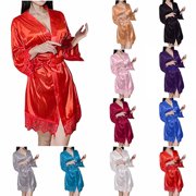 Jovati Bathrobe for Women, Solid Color Ice Silk Fabric with Self-Tie Waist Belt and Long Sleeves, Lightweight Robe for Home Use
