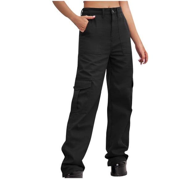 Womens Denim Cargo Pants with Multi Pockets High Waisted Straight Leg Solid Jeans Streetwear Jean Cargos