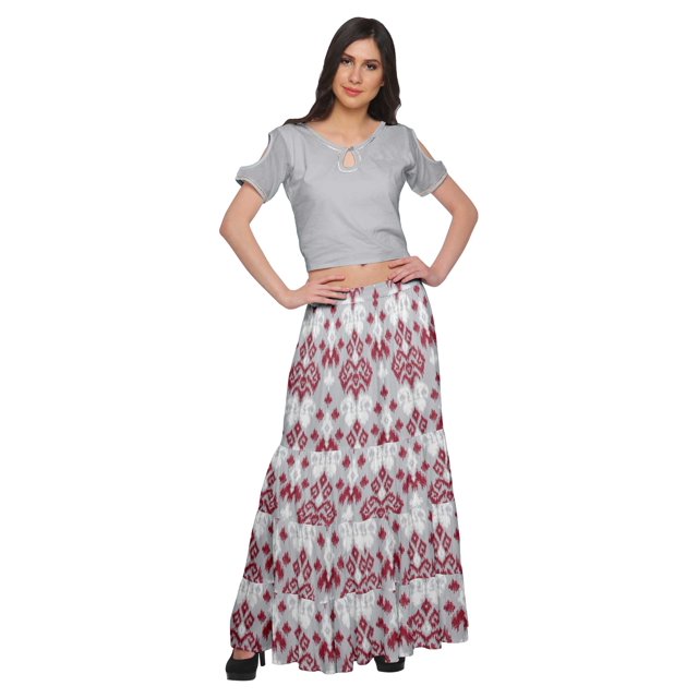 Moomaya Printed Rayon Cold Shoulder Crop Top And Skirt Ethnic Set For Women