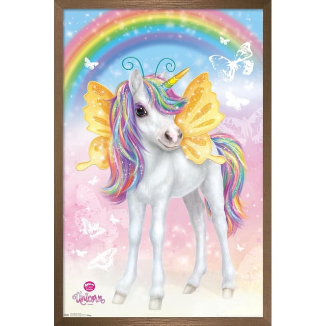 Boîte de Nuit d'Animaux - Affiche Murale de Licorne, Affiche Encadrée 14,725 Pouces x 22,375 Pouces Représentant une Licorne Blanche avec une Crinière et une Queue aux Couleurs de l'Arc-en-ciel, des Ailes de Papillon Dorées et une Corne Jaune-Vert, sur Fond pastel Rose et Bleu avec des Papillons Arc-en-Ciel et Blancs, Convenant à la Décoration de Chambre Ou de Salle de Jeux et aux Fêtes.