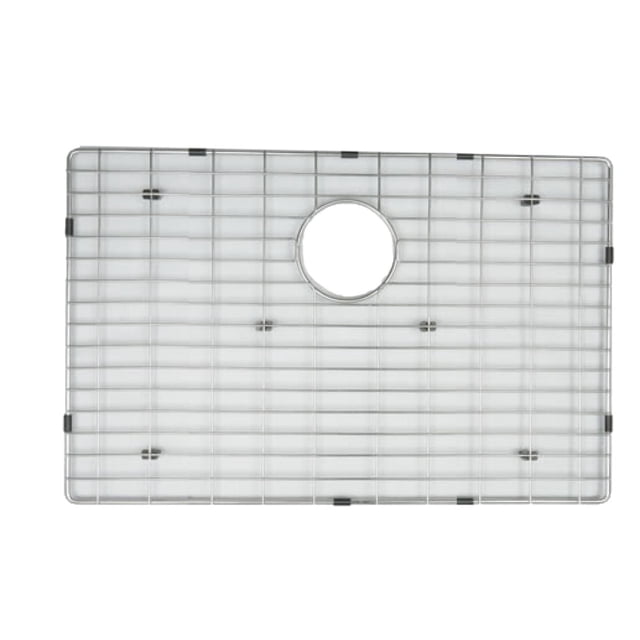 American Imaginations 23-in. W Kitchen Sink Grid AI-34852, a chrome stainless steel rectangular grid with a central circular drain cutout and black protective bumpers, designed for drop-in installation to protect kitchen sink surfaces.