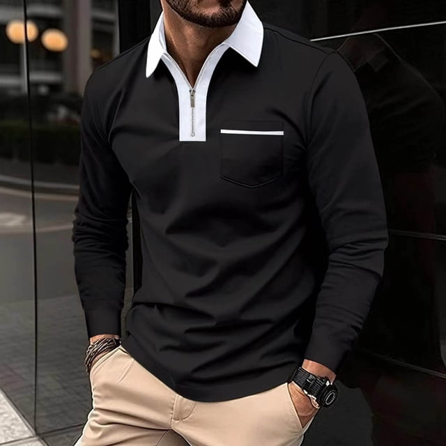 RXIRUCGD Chemise de Golf à Manches Longues avec Poche pour Hommes, Col Rabattu, Noir, Taille : L