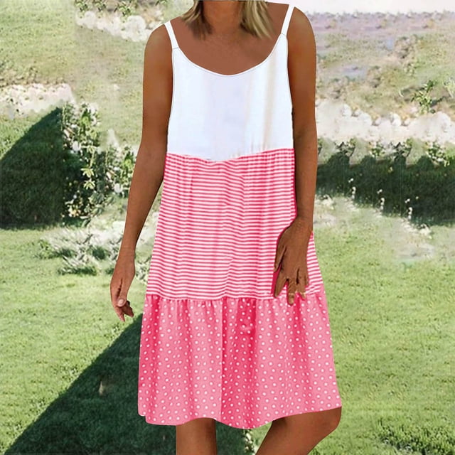 Ovzne Robes pour Femmes Robe Mode pour Dames à Rayures et Pois Imprimé Col Rond Robe à Bretelles Ajustables Robe de Vacances Imprimée Liquidation