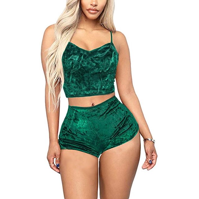 Women 2PCS Lingerie Set Slim Solid Sling Crop Top Short Elastic Band Pants