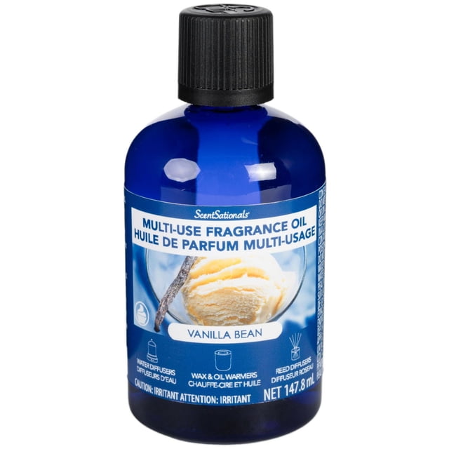 ScentSationals Multi Use Fragrance Oil Vanilla Bean in a 147.8 ml cobalt blue bottle with black ribbed cap, labeled for use in water diffusers, wax and oil warmers, and reed diffusers, featuring a vanilla bean and vanilla ice cream scoop image.