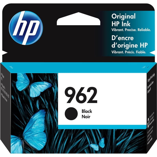 Emballage de Cartouche d'Encre HP 962 Noire Originale Comprenant une Étiquette de Cartouche d'Encre Noire avec des Graphiques de Papillon Bleu sur un Fond Texturé Foncé et un Texte Bilingue Favorisant l'Encre HP Originale pour une Impression de Bureau Fiable et des Fournitures d'Imprimante.