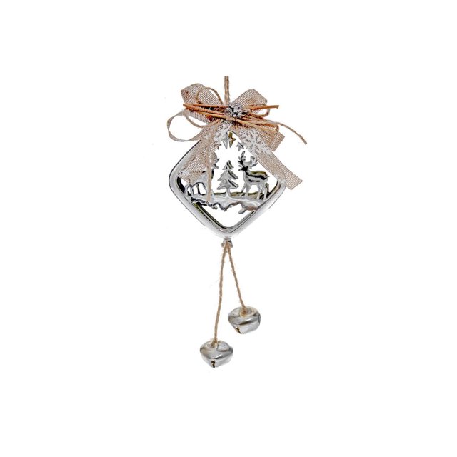 Metal Diamond Shaped Ornament With Reindeer (Silver) - Set of 6, a silver metal diamond-shaped Christmas ornament with a reindeer and tree cutout design, topped with a natural burlap bow and twine loop for hanging, featuring two small silver bells on twine cords, ideal for indoor and outdoor holiday décor.