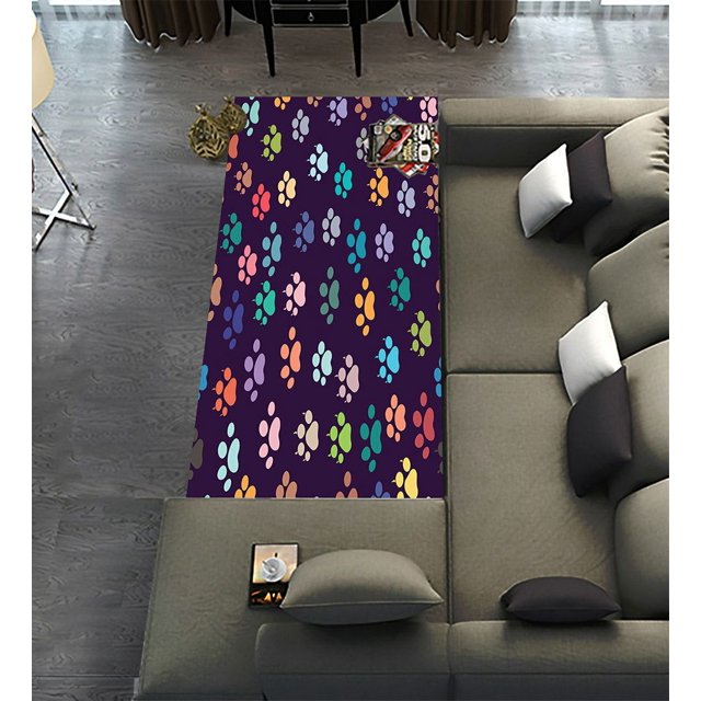 ECZJNT Animals Runner Rug, 2 x 10ft long non-slip area rug with a colourful paw print design on a dark background. Made of ultra-fine polyester fabric, it absorbs water and offers a soft touch. Features a silicon dioxide anti-skid pad for safety, ideal for high-traffic indoor areas such as hallways, kitchens, and living rooms. Pet-friendly and machine washable for easy care. Displayed in a modern living room with grey furniture and wooden flooring.
