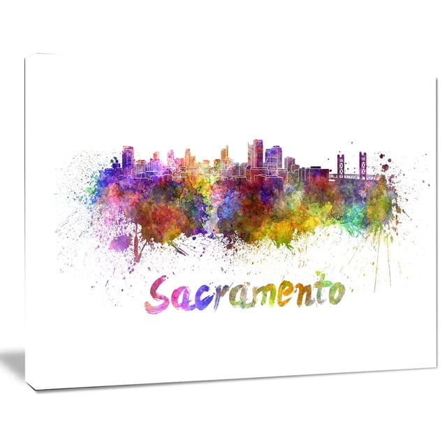 Design Art Sacramento Skyline Canvas Print showing a vibrant watercolor city skyline with abstract splashes of purple, red, yellow, green, and blue on a white gallery-wrapped cotton canvas, ready to hang as wall art.