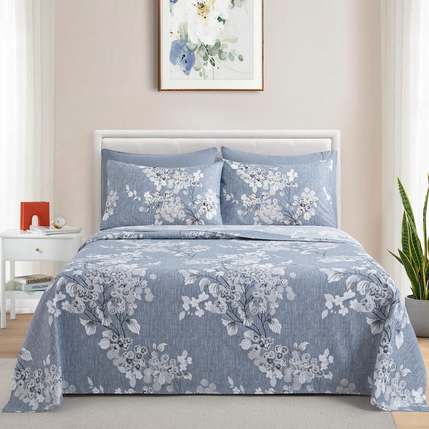 Ensemble de literie Marina Décoration ultra douce et soyeuse, imprimée, en rayonne de bambou, toutes saisons, avec taies d'oreiller, motif floral romantique délavé à l'encre