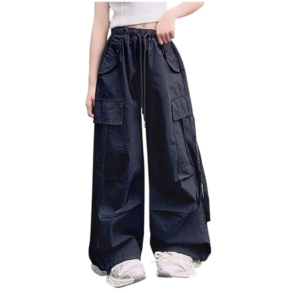 Wxirdiow Toddlers Pants Girls Lightweight Cargo Joggers Elastic Waist Casual Summer Pants with Multi Pockets Black Size,13-14 Years