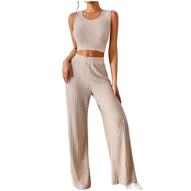 Yuyuzo Ensemble de Détente pour Femmes Sans Manches Col Rond Crop Top et Pantalon Taille Haute Ensemble de Pull 2 Pcs