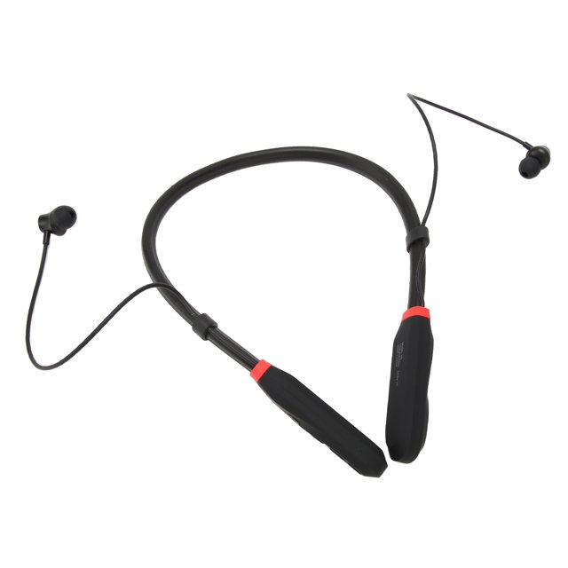 Écouteurs Tour de Cou au design Noir Épuré avec accents Rouges, Dotés de la Technologie Bluetooth V5.1 pour une Connectivité stable. Inclut une Fonctionnalité Antibruit pour un audio Clair dans les Environnements Bruyants, une Batterie au lithium Intégrée de 1000 mAh Offrant jusqu'à 1000 Heures d'Autonomie en Veille, et des Basses Profondes. Livré avec un Câble de Chargement, un Manuel d'Instructions, un Sac de Rangement et des Couvre-Six Oreilles.