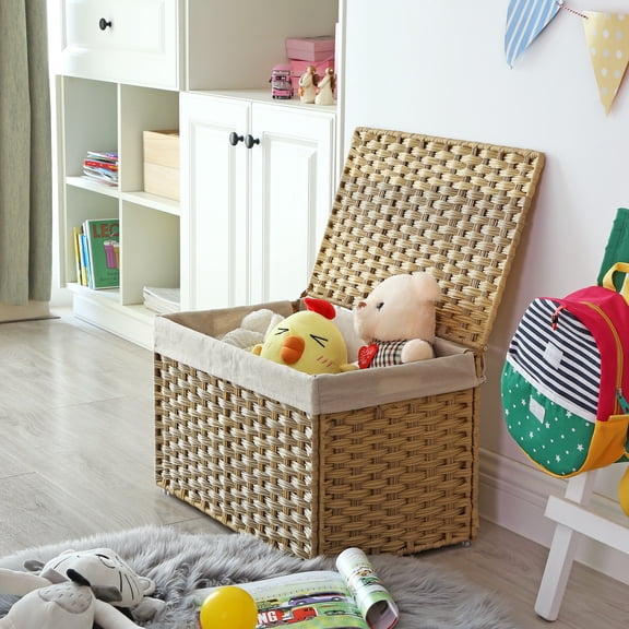 SONGMICS Panier de Rangement avec Couvercle, Bac de Rangement de 17,2 Gallons (65 L), Boîte et Étui de Rangement Tissés pour Couvertures avec Poignées, Pliable, Doublure Amovible, Cadre en Métal, pour Chambre, Buanderie, Naturel