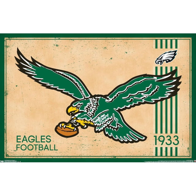 NFL Philadelphia Eagles - Affiche Murale Rétro Logo 14, 22,375 Pouces x 34 Pouces Encadrée Représentant un Aigle vintage Vert et Blanc Tenant un Ballon de football Brun sur un Fond Texturé beige avec une Bordure Verte. le design Comprend le Texte « Eagles football », « 1933 » avec des Rayures Vertes Verticales, et un Petit Logo « Eagles head ». Idéal pour la Déco Murale à Thème Sportif dans les Chambres, Bureaux Ou Dortoirs.