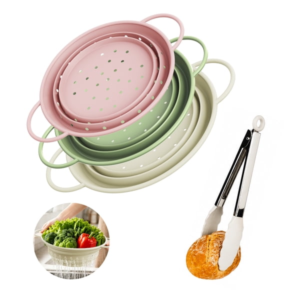 Collapsible Colander Set of 3 Silicone Strainers with Tongs, BPA-Free Heat-Resistant, Space-Saving Design, Stainless Steel Rim, Dishwasher Safe, 1 x 2QT & 2 x 4QT (Pink, Sage Green, Cream)