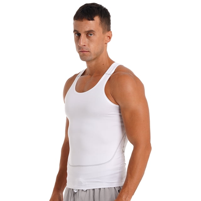 Ocealan Men's Tank Swimsuit Top Athletic Vest Rash Guard Shirt Solid Color Sleeveless Workout Playwear White S