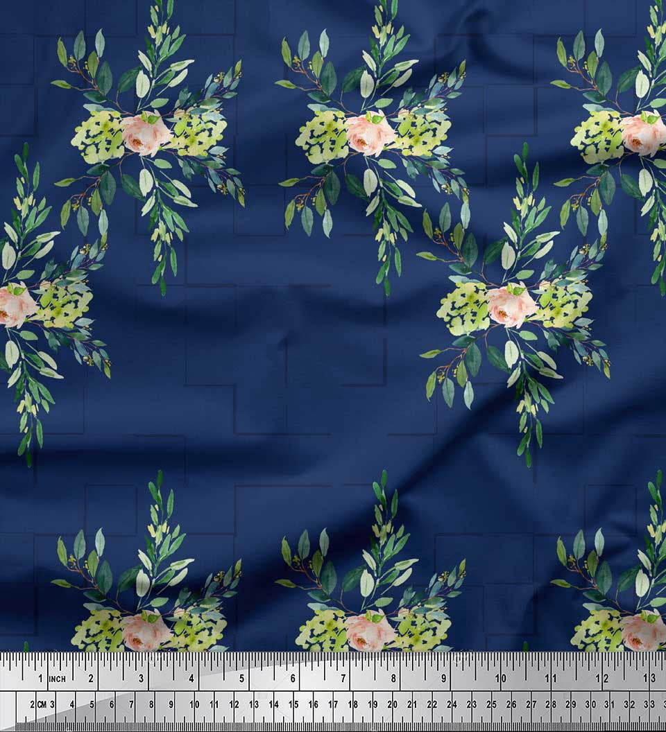 Soimoi Blue Japan Crepe Satin Fabric Square & Leaves Decor Fabric Printed BTY 44 Inch Wide