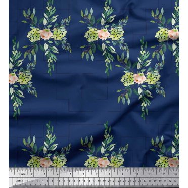 Soimoi Blue Cotton Cambric Fabric Square & Leaves Decor Fabric Printed BTY 42 Inch Wide