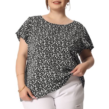 GRACE & GRANDEUR Blouse à Manches Courtes et Col Rond Rétro à Petites Fleurs pour Femme Grande Taille Noir 4X