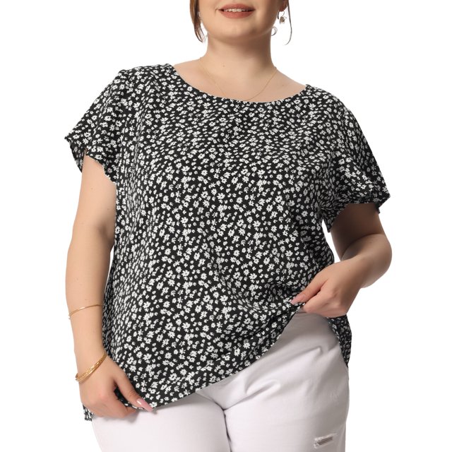 GRACE & GRANDEUR Blouse à Manches Courtes et Col Rond Rétro à Petites Fleurs pour Femme Grande Taille Noir 4X
