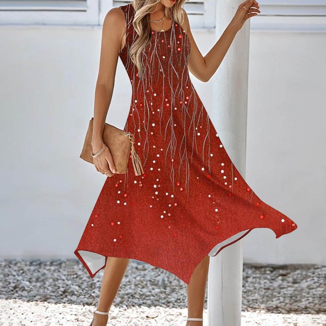Ovzne Robes d'Été pour Femmes Robe de Plage Femme Mode Été Plage Imprimé Poches Camisole Col Rond Sans Manches Robes Camisole Robe de Vacances Liquidation