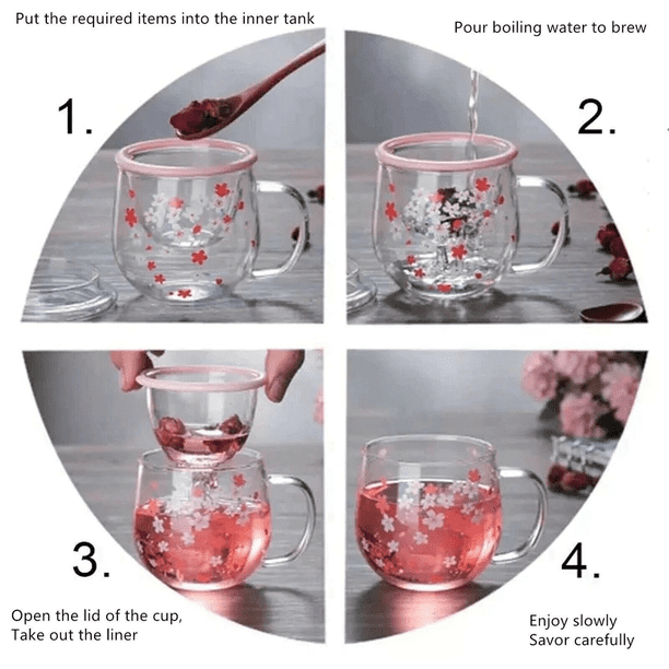 2X Sakura Mug Glass Mug with Tea Infuser Filter&Lid Cherry
