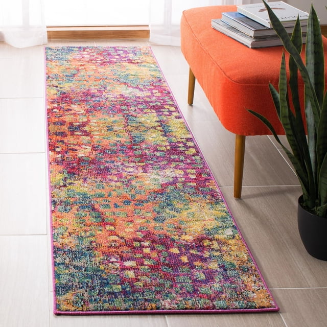 SAFAVIEH Madison Candelario Abstract Polka Dots Area Rug runner with durable power-loomed yarns, displaying a vibrant abstract polka dot pattern in purple, orange, yellow, green, and blue on a light tile floor next to an orange bench and a snake plant, suitable for adding modern style and color to transitional home decor.