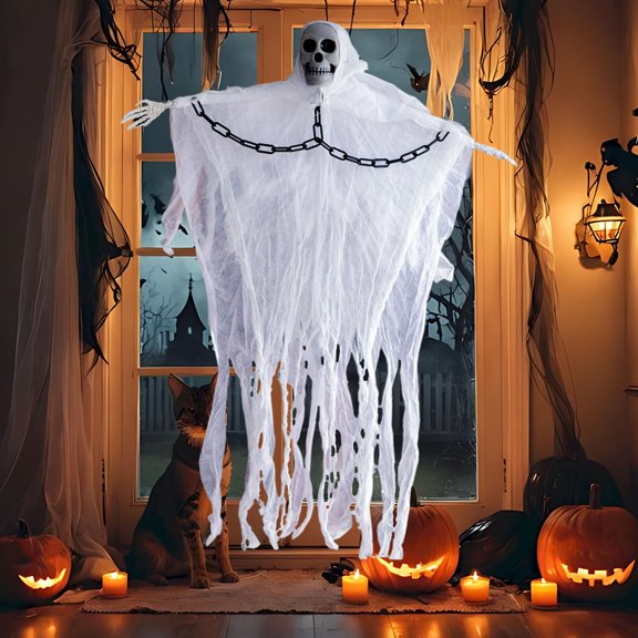 Dvkptbk Halloween Decorations Gifts Halloween Hanging Skeleton Ghost Decorations - 59in Led Light Up Red Eyes Hanging Grim Reapers with Hair for Halloween Indoor Outdoor Decoration Supplies