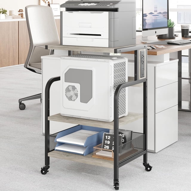 Grand Support d'Imprimante avec Prises de Courant et Ports de Recharge USB, Table d'Imprimante Mobile avec Tablette Ajustable, Support d'Imprimante Roulant à 3 Niveaux avec Roues pour Bureau à Domicile, Gris Rustique/brun Rustique